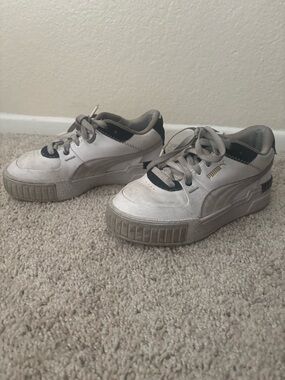 Puma White and Gray Platform Sneakers with Gold Logo